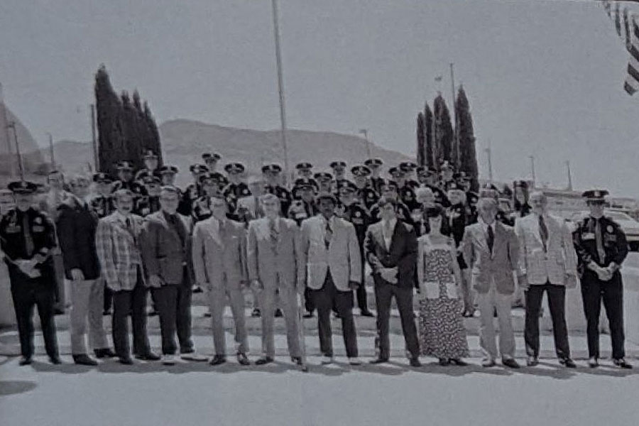 An Old Wide Shot Group Image in Black & White of the Henderson Police Department in the 1970s